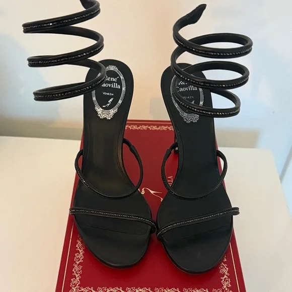 Rene Caovilla Black Spiral Strap Heels - Picture 2 of 6